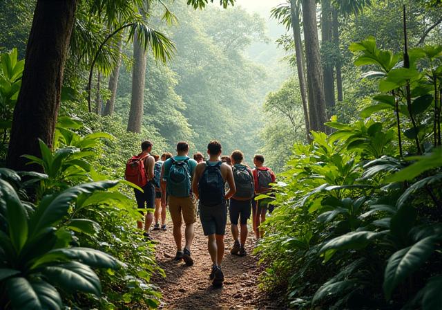 A group of hikers led by a guide on a lush rainforest trail.